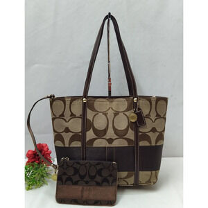 Coach Signature Brown Canvas 65th Ann. Double Handle Zipper Tote Bag W/ Wallet